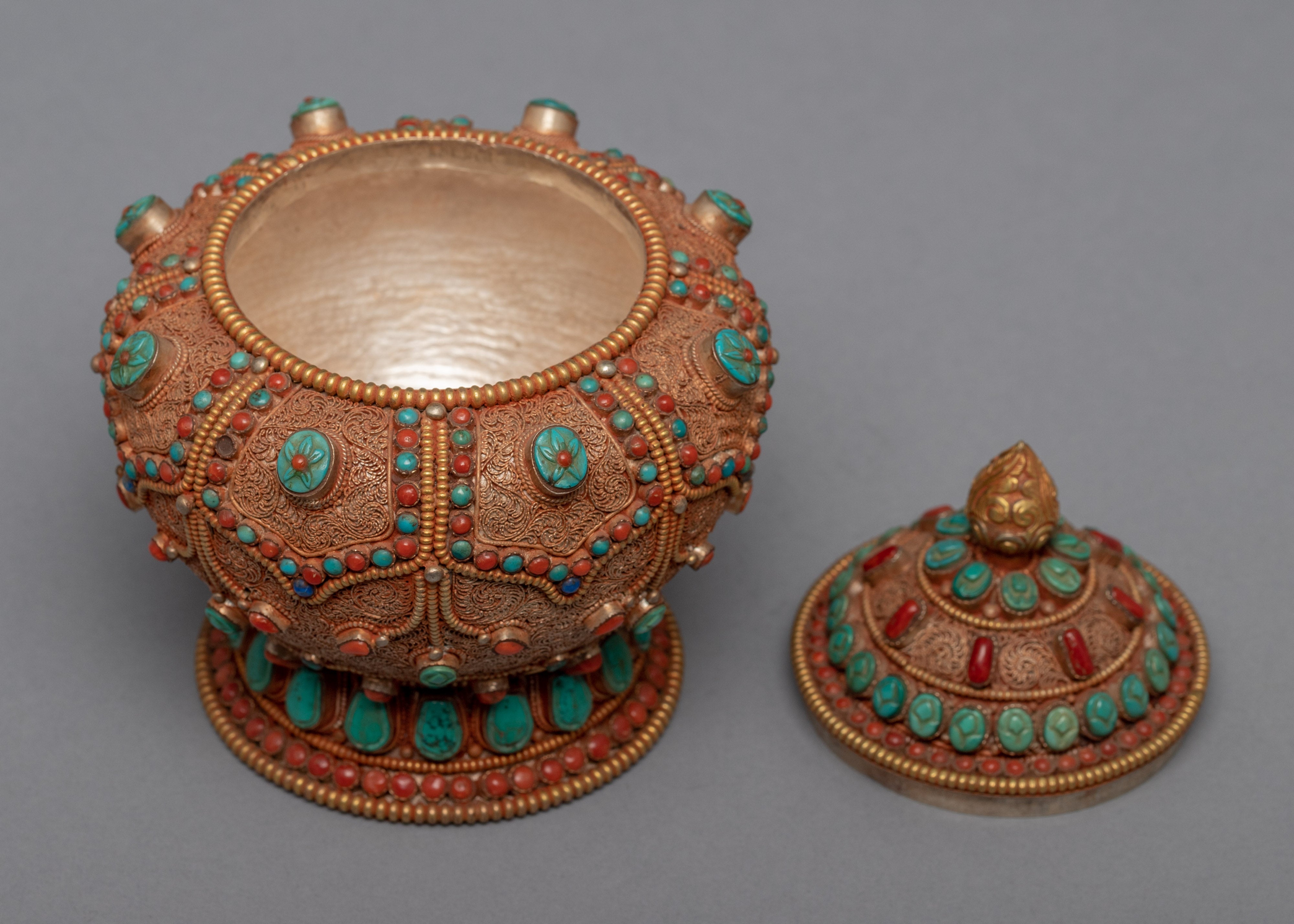 Gulpa Filigree Embed Turquoise, Red Coral, Lapis & Gem Stones | Buddhist Tank Jar