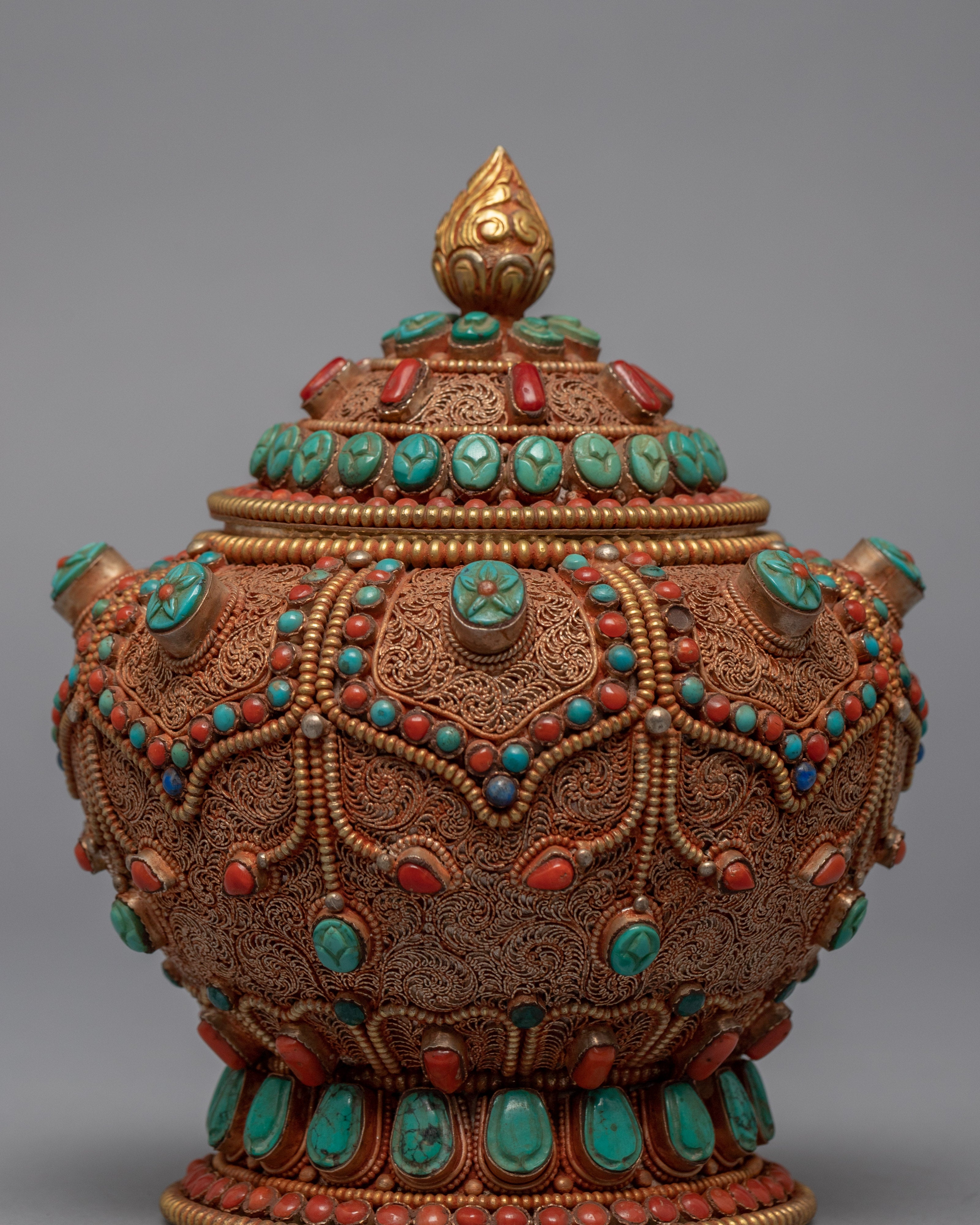 Gulpa Filigree Embed Turquoise, Red Coral, Lapis & Gem Stones | Buddhist Tank Jar