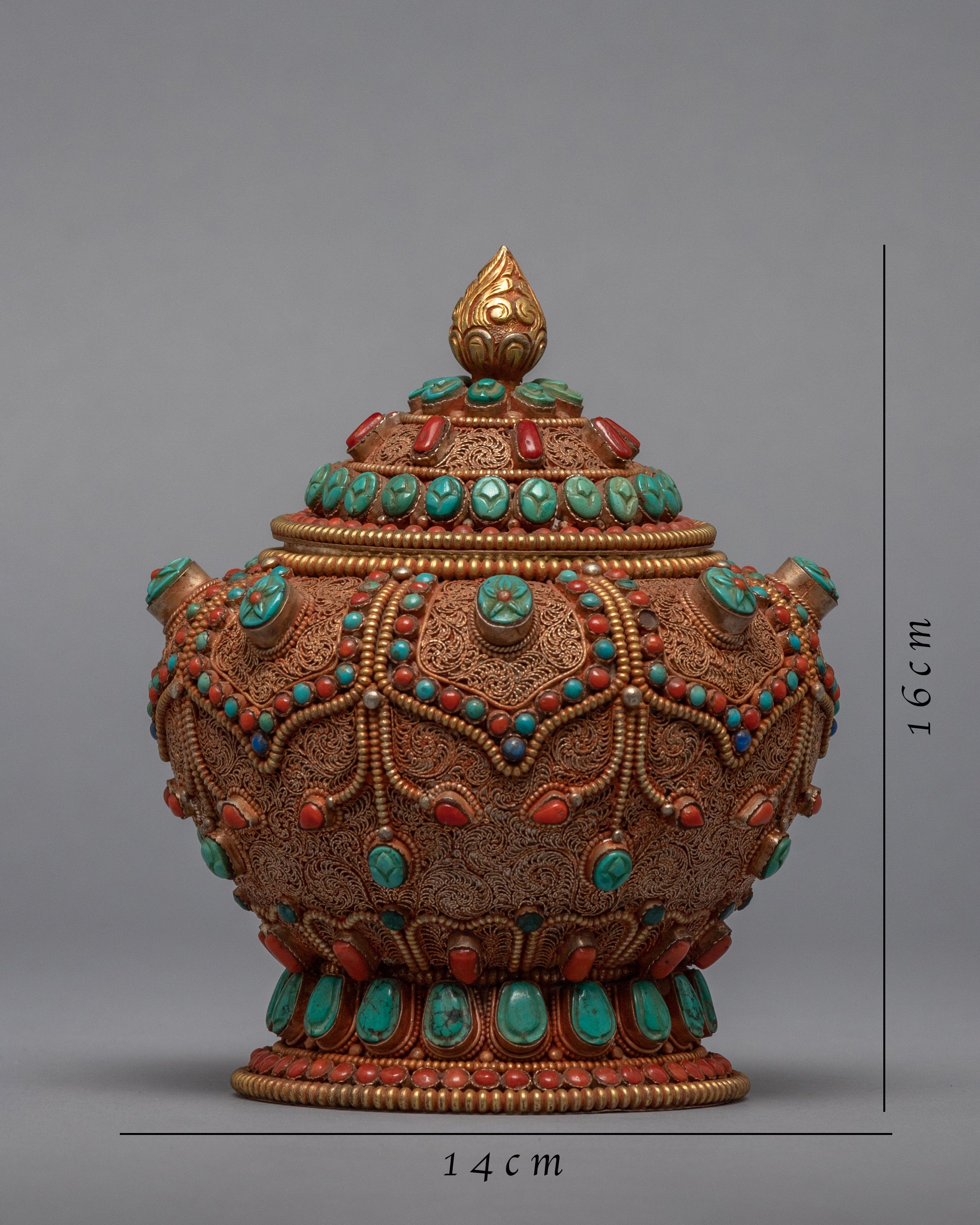 Gulpa Filigree Embed Turquoise, Red Coral, Lapis & Gem Stones | Buddhist Tank Jar
