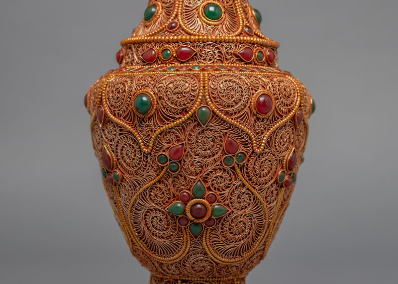 24k Gold Plated Buddhist Flower Vase Set | Gemstones Filigree Inlay Jewelry Vase Set for Home Decor