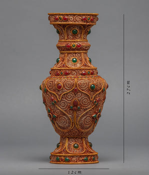 24k Gold Plated Buddhist Flower Vase Set | Gemstones Filigree Inlay Jewelry Vase Set for Home Decor