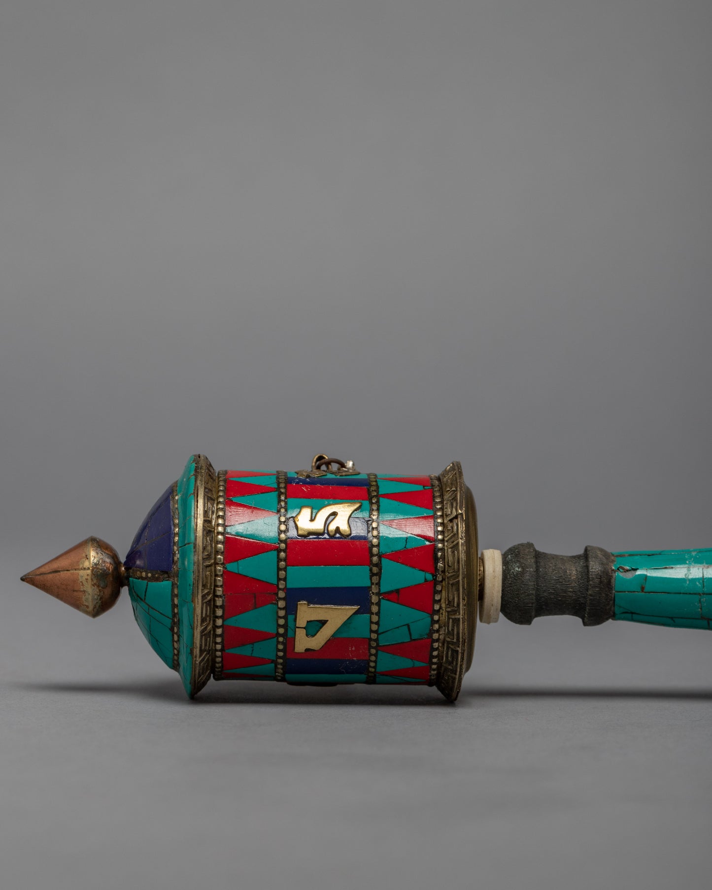 Buddhist Prayer Wheel with Precious Stone Carvings | Sacred Artwork