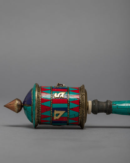 Buddhist Prayer Wheel with Precious Stone Carvings | Sacred Artwork