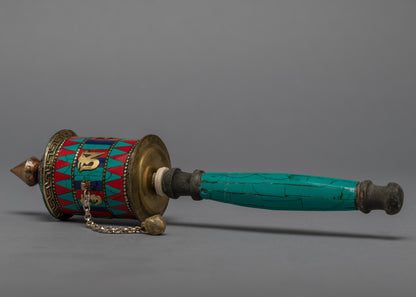 Buddhist Prayer Wheel with Precious Stone Carvings | Sacred Artwork