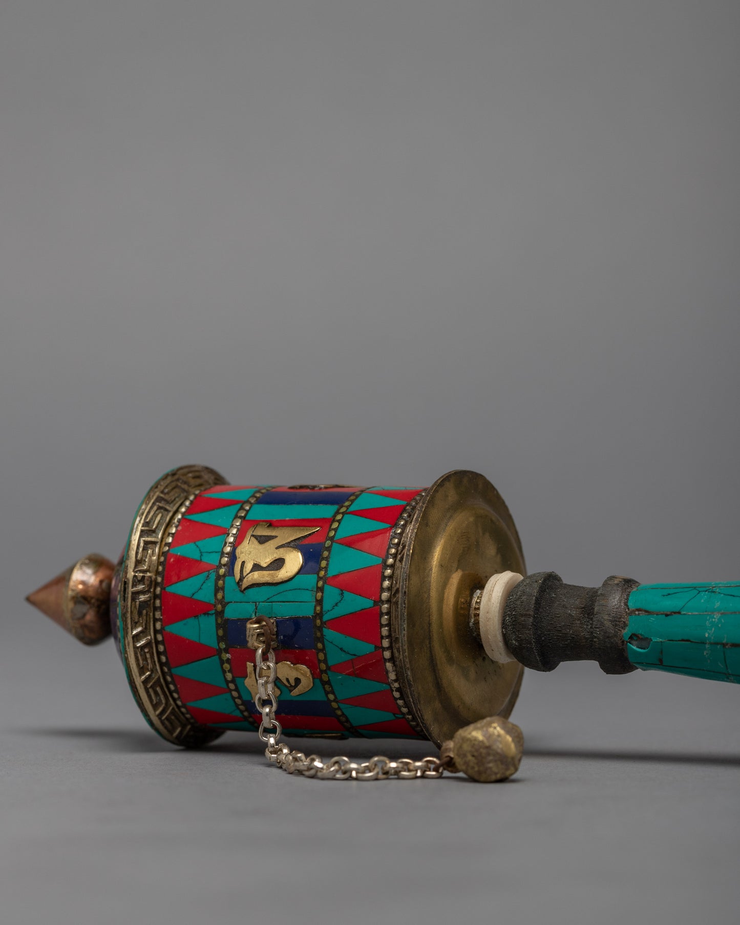 Buddhist Prayer Wheel with Precious Stone Carvings | Sacred Artwork