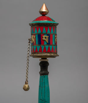 Classic Buddhist Prayer Wheel with Precious Stone Carvings