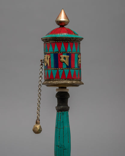 Classic Buddhist Prayer Wheel with Precious Stone Carvings