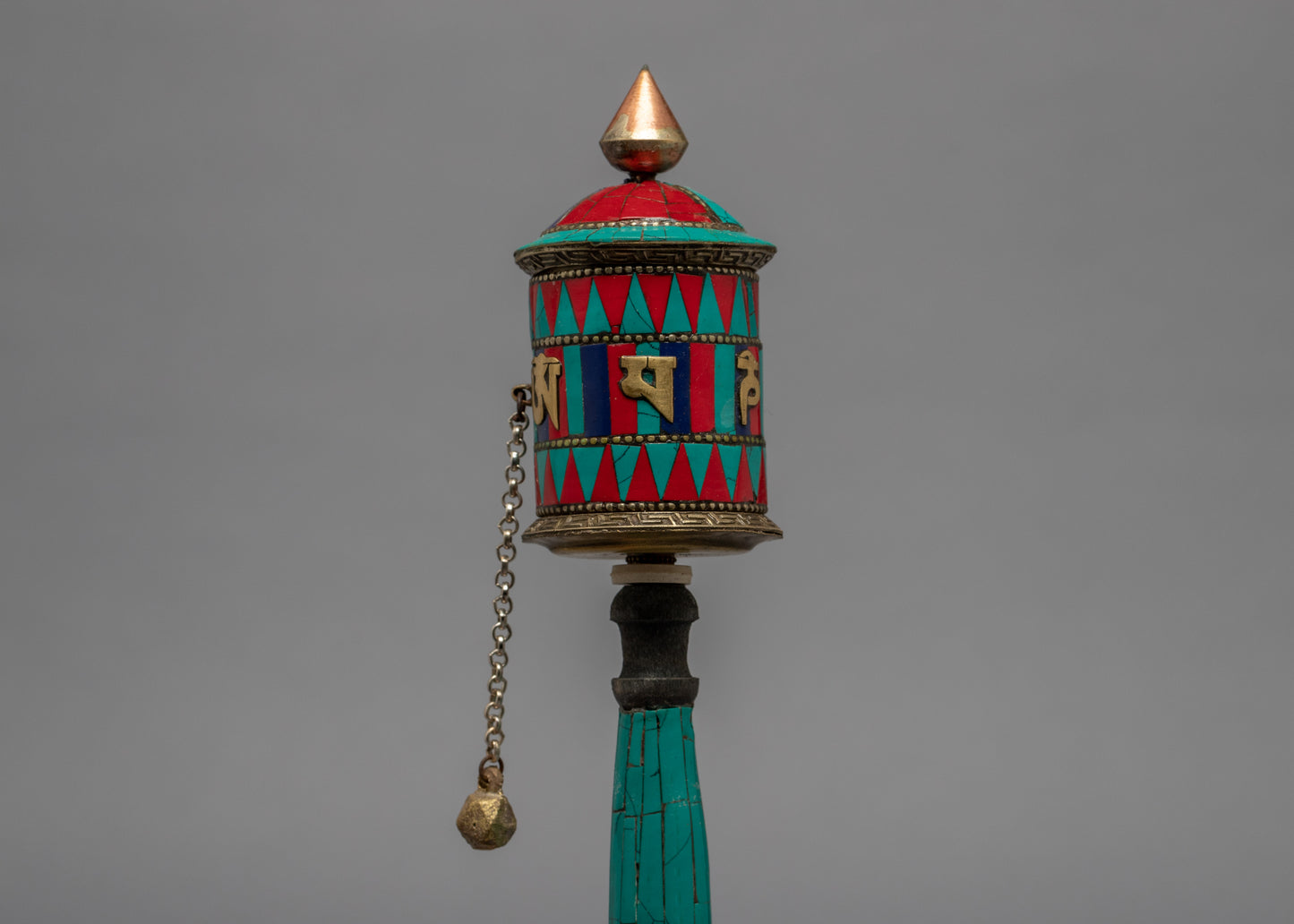 Buddhist Prayer Wheel with Precious Stone Carvings | Sacred Artwork