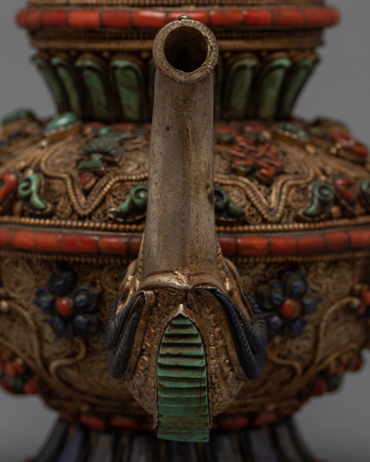 Buddhist Handcrafted Tea Pot for Home Decor | Gemstones Inlaid Tibetan Pot Art