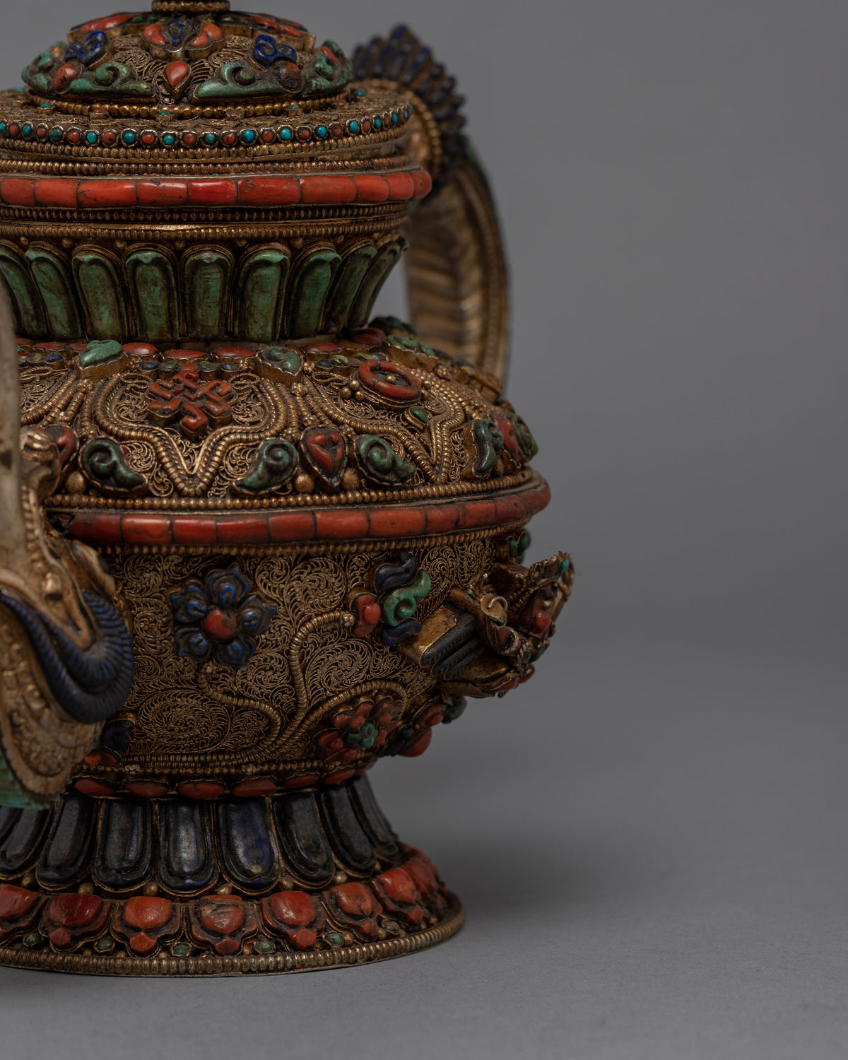 Buddhist Handcrafted Tea Pot for Home Decor | Gemstones Inlaid Tibetan Pot Art