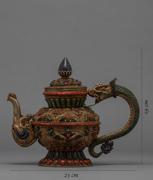 Buddhist Handcrafted Tea Pot for Home Decor | Gemstones Inlaid Tibetan Pot Art