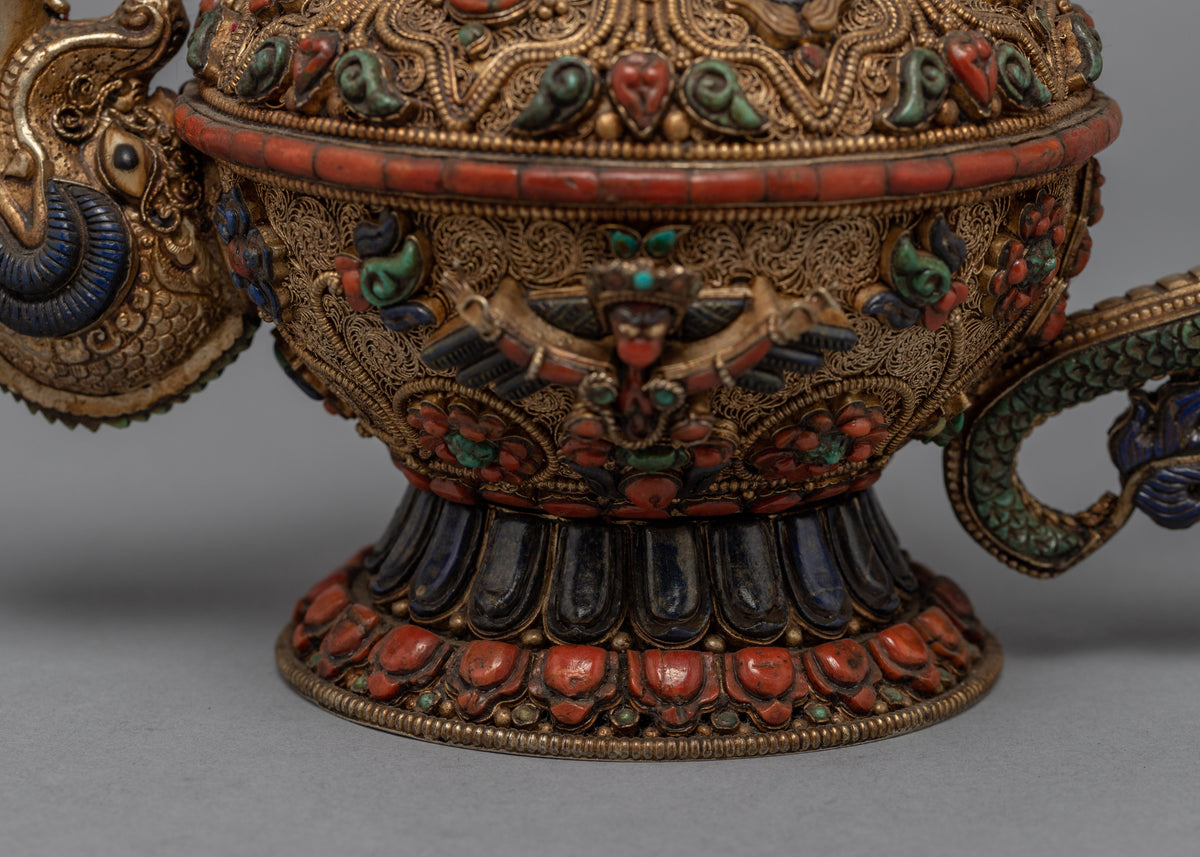 Buddhist Handcrafted Tea Pot for Home Decor | Gemstones Inlaid Tibetan Pot Art