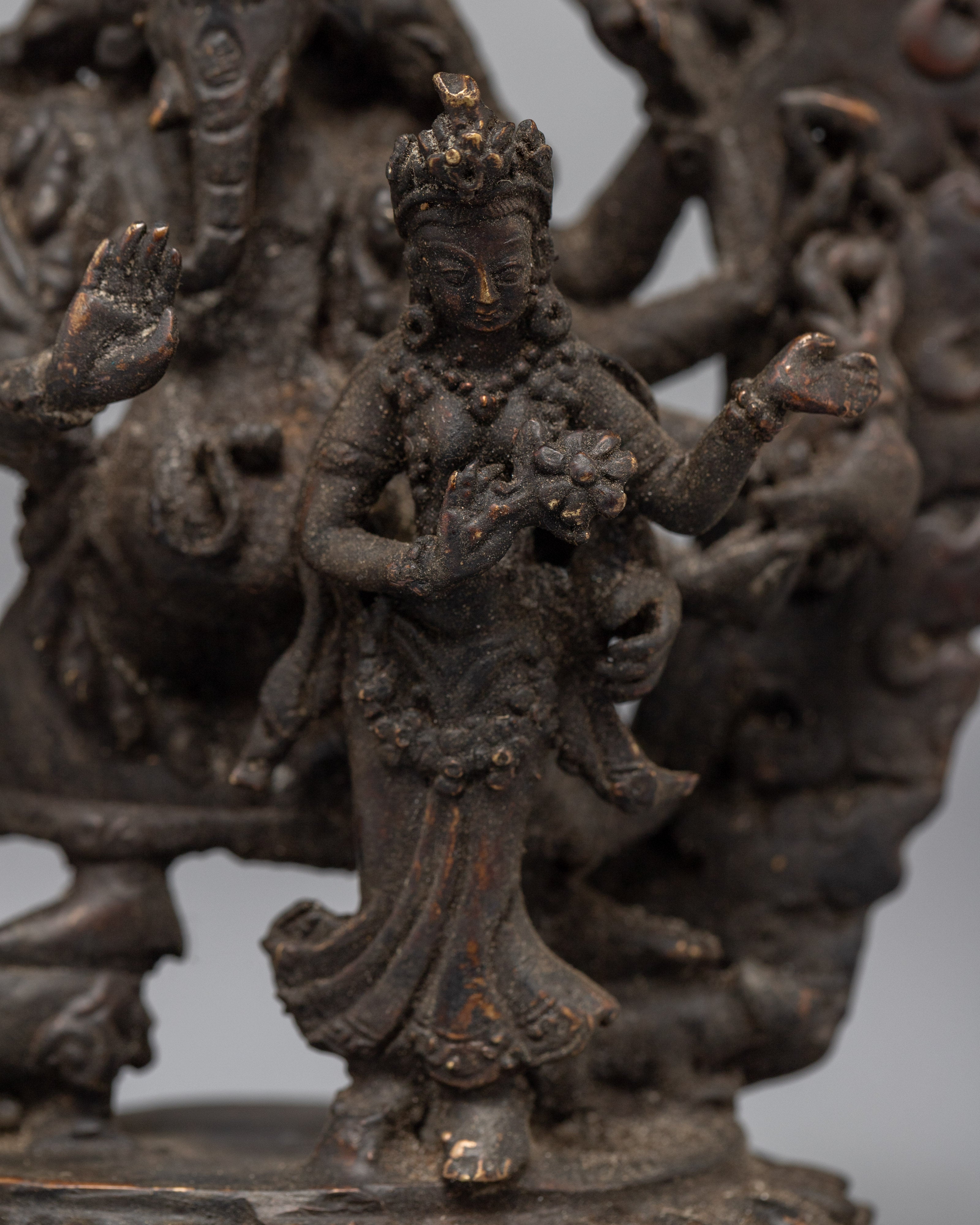 Antique Style Carved Ganesh Statue | Copper Body Sculpture