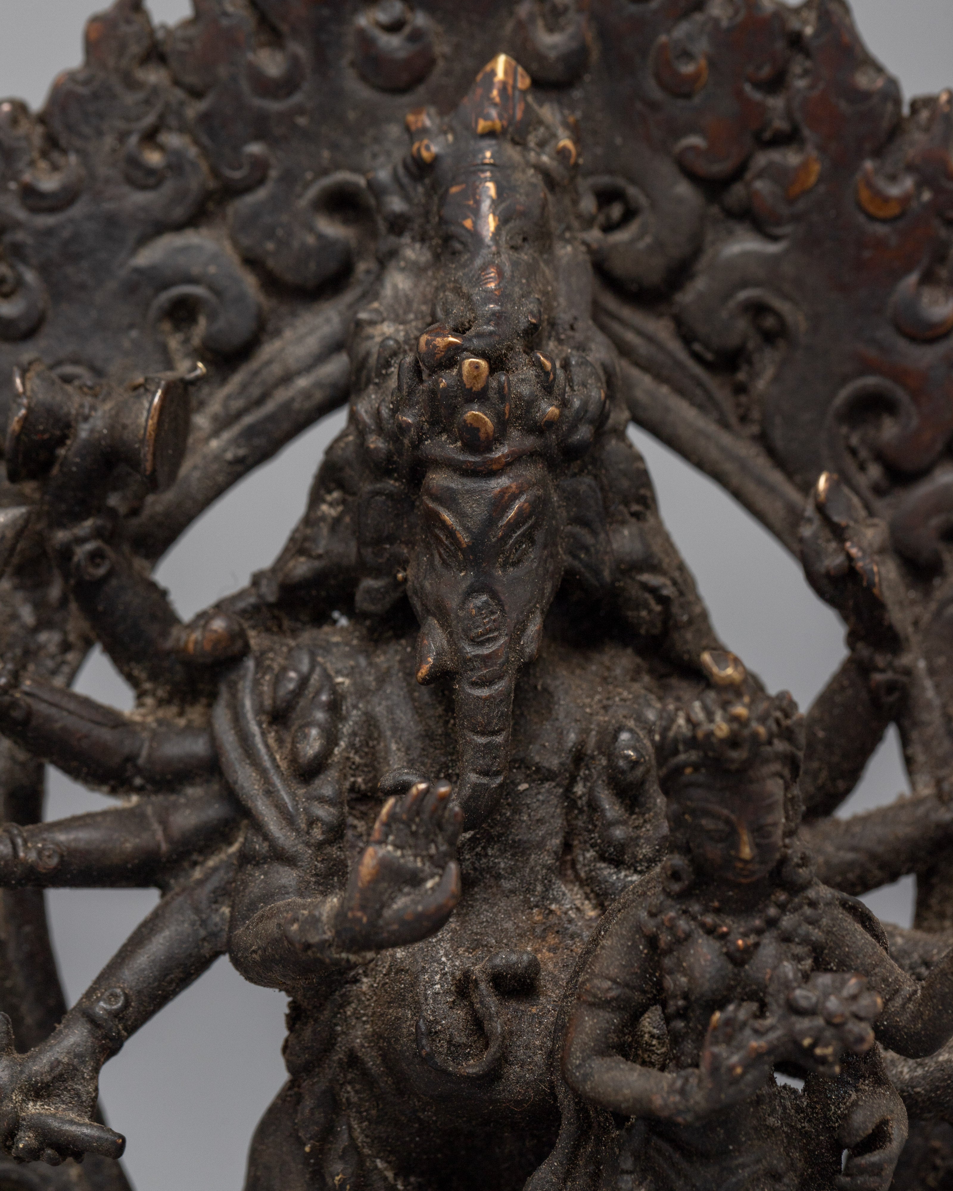 Antique Style Carved Ganesh Statue | Copper Body Sculpture