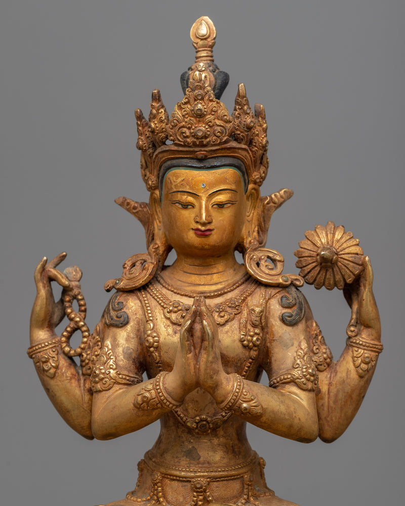 Gold Gilded Chenrezig Statue | Traditional Handcrafted Buddhist Art