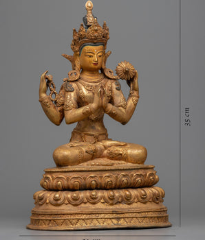 Gold Gilded Chenrezig Statue | Traditional Handcrafted Buddhist Art