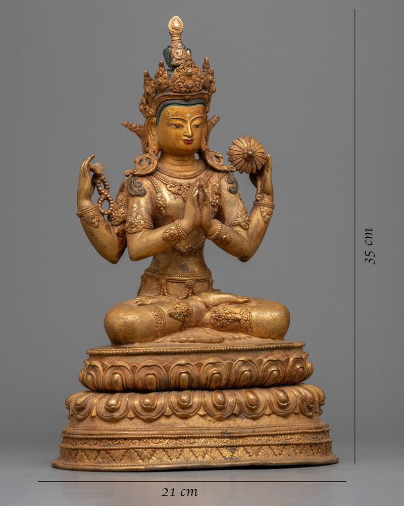 Gold Gilded Chenrezig Statue | Traditional Handcrafted Buddhist Art