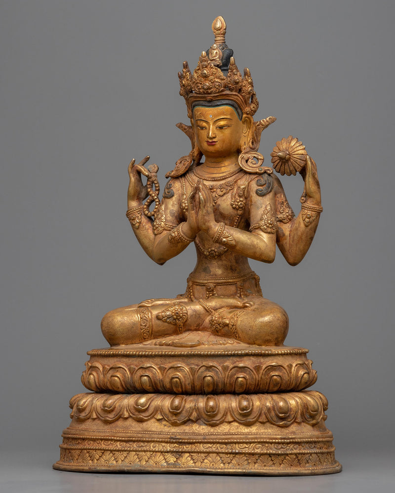 Gold Gilded Chenrezig Statue | Traditional Handcrafted Buddhist Art