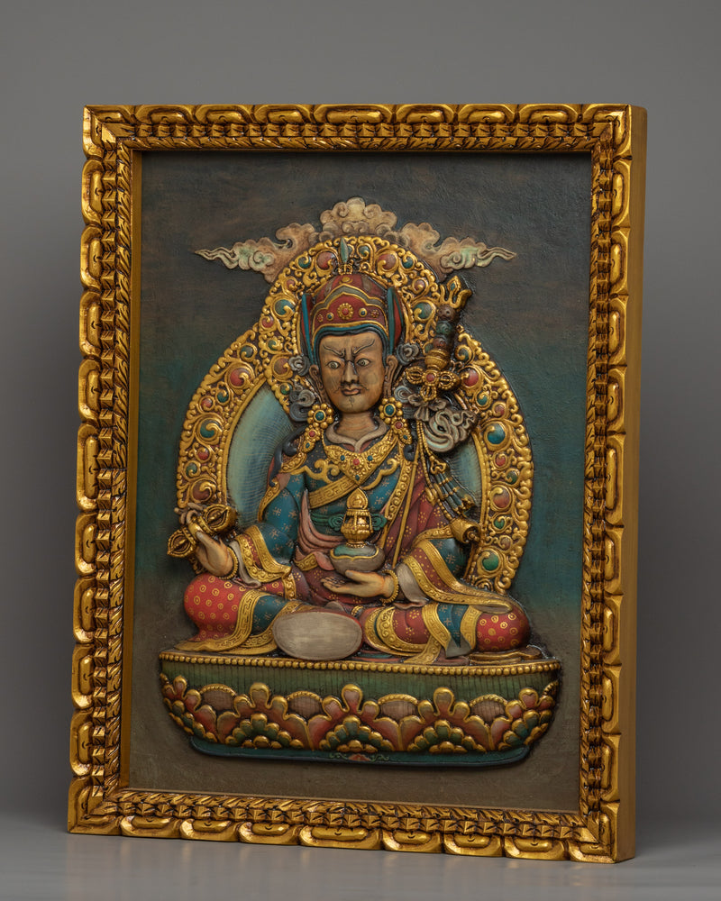 Wooden Thangka For Guru Rinpoche Mantra Practice | Fine Engraving Buddhist Master Thangka