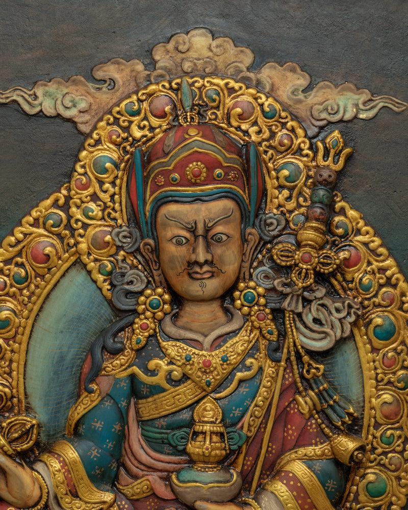 Wooden Thangka For Guru Rinpoche Mantra Practice | Fine Engraving Buddhist Master Thangka