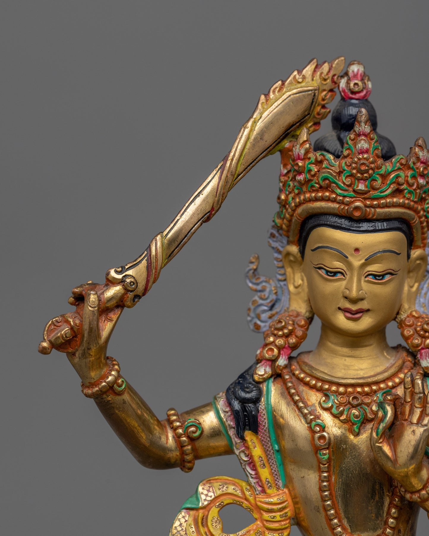 Wisdom Deity Manjushri Bodhisattva Statue | Traditional Gold-Plated Himalayan Artwork For Mindfulness