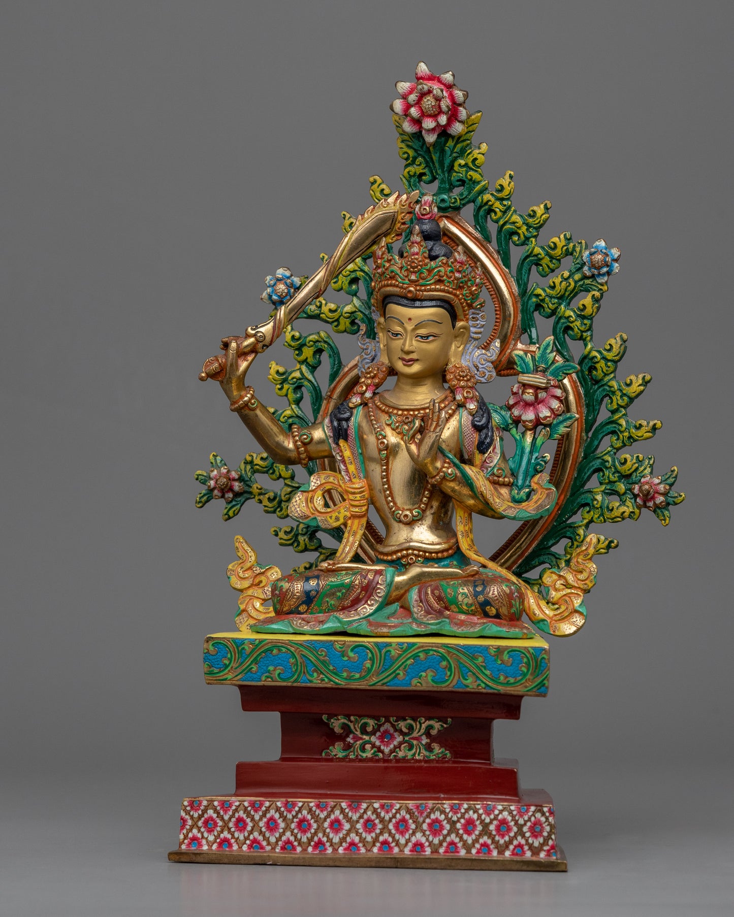 Wisdom Deity Manjushri Bodhisattva Statue | Traditional Gold-Plated Himalayan Artwork For Mindfulness