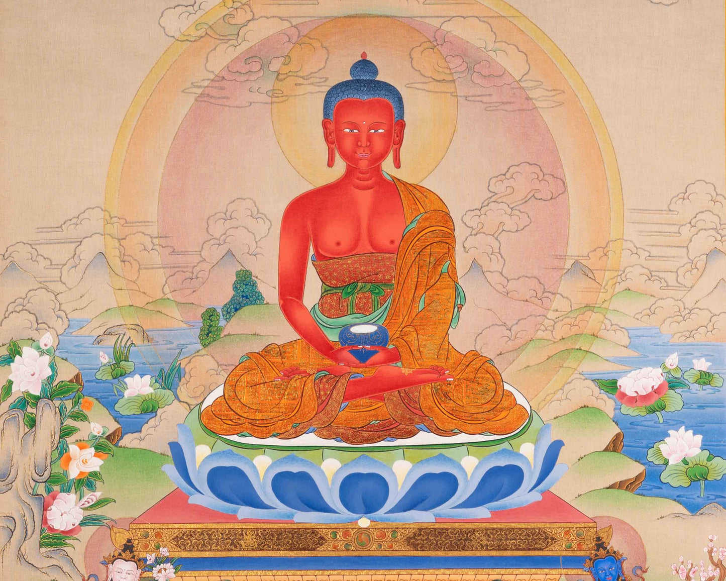 Amitabha Buddha With Chenrezig and Vajrapani Thangka | Traditionally Hand-Painted Art