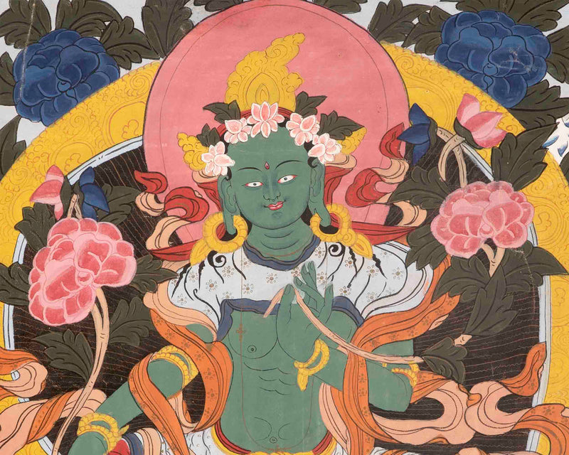 Rare Green Tara Thangka  | Vintage Tibetan Wall Decor
