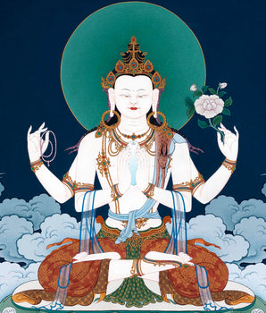 Buddha of Compassion | Avalokiteshvara Thangka Print | Chenrezig Tibetan Art