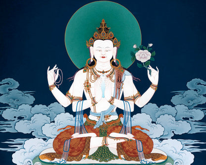 Buddha of Compassion | Avalokiteshvara Thangka Print | Chenrezig Tibetan Art