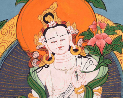 Vintage White Tara Buddhist Deity | Handmade Buddhist Thangka