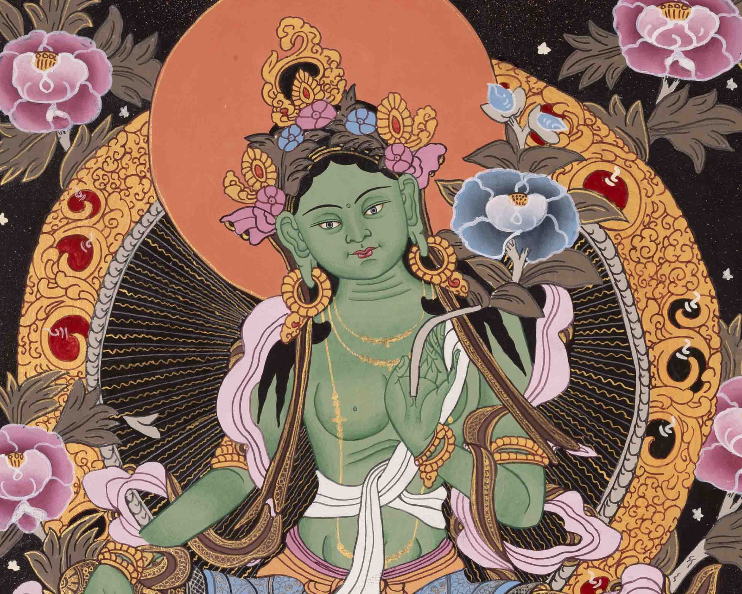 Mother Green Tara Thangka | Religious Buddhist Paint | Wall Decors
