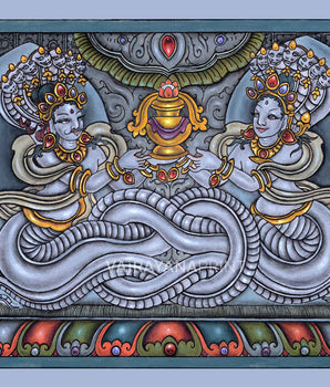 Naga Raj & Naga Rani Traditional Nepali Paubha Print | Supreme Serpnet Deities Wall Hanging