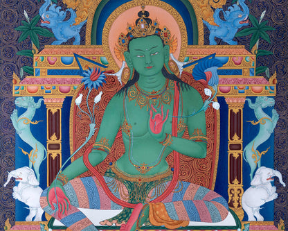 Green Tara Thangka Print, Canvas Digital Print