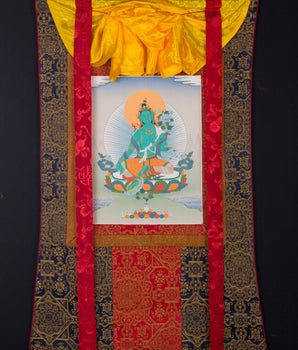 Green Tara Brocade Thangka | Female Bodhisattva | Awakened Buddha