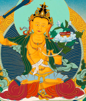 Small Manjushri Thangka Art | Traditional Tibetan Bodhisattva