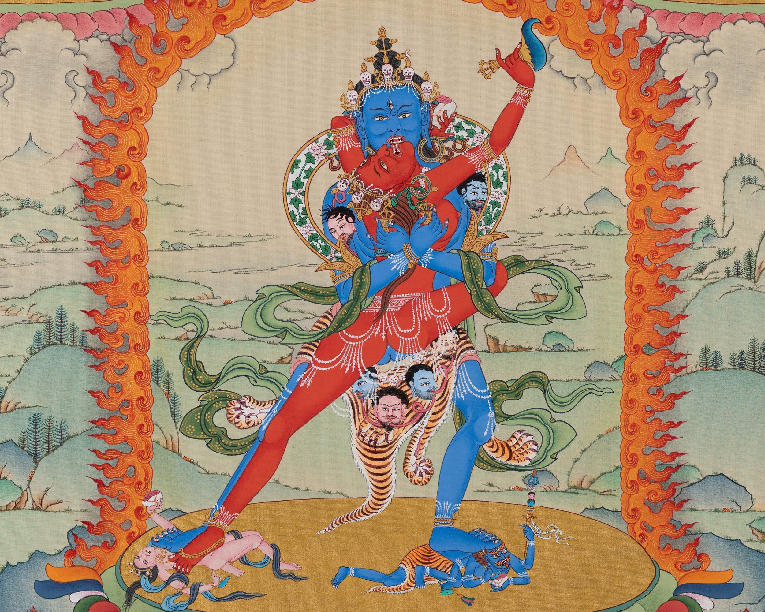 Chakrasamvara with Consort and Four Dakini Print | Tibetan Buddhist Thangka Art