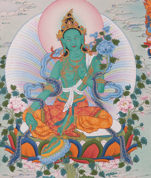 Green Tara with Buddhas and Bodhisattvas | Traditional Tibetan Thangka Print