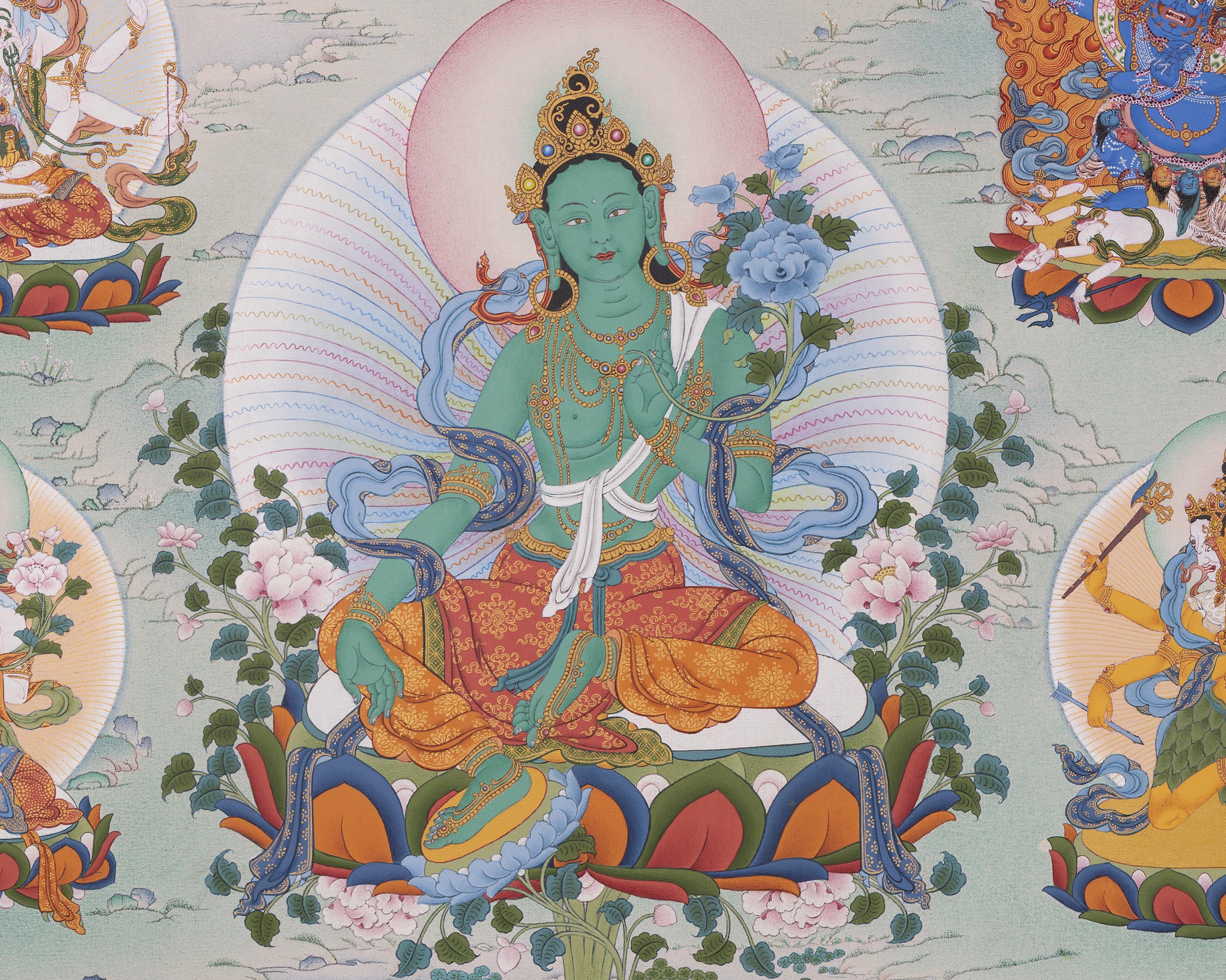 Green Tara with Buddhas and Bodhisattvas | Traditional Tibetan Thangka Print