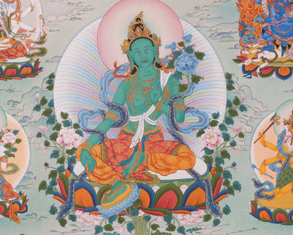 Green Tara with Buddhas and Bodhisattvas | Traditional Tibetan Thangka Print