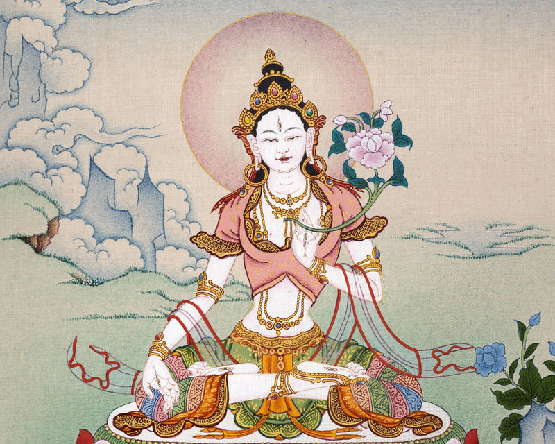 White Tara Thangka | Tibetan Tara Painting (includes Brocade)