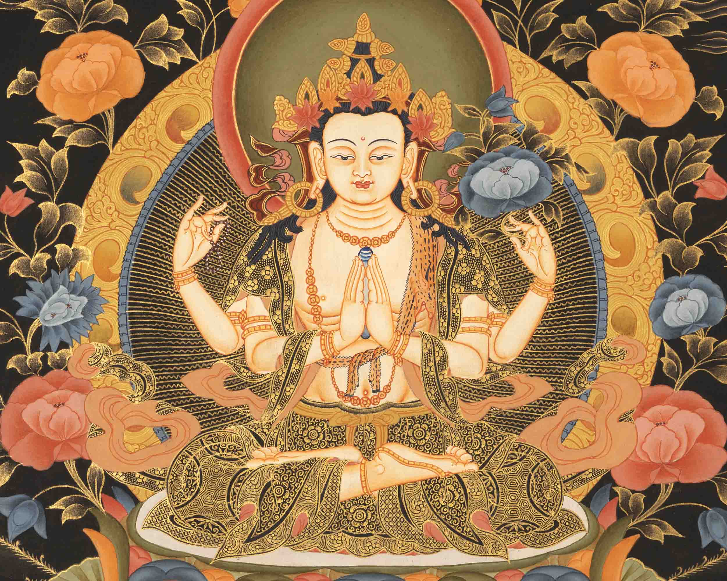 Four Armed Chenrezig Thangka | Tibetan Avalokiteshvara of compassion