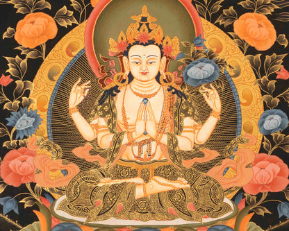 Four Armed Chenrezig Thangka | Tibetan Avalokiteshvara of compassion