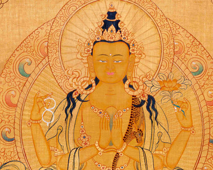 24K Gold Style Avalokitesvara Chengrezig Thangka | Wall Decor