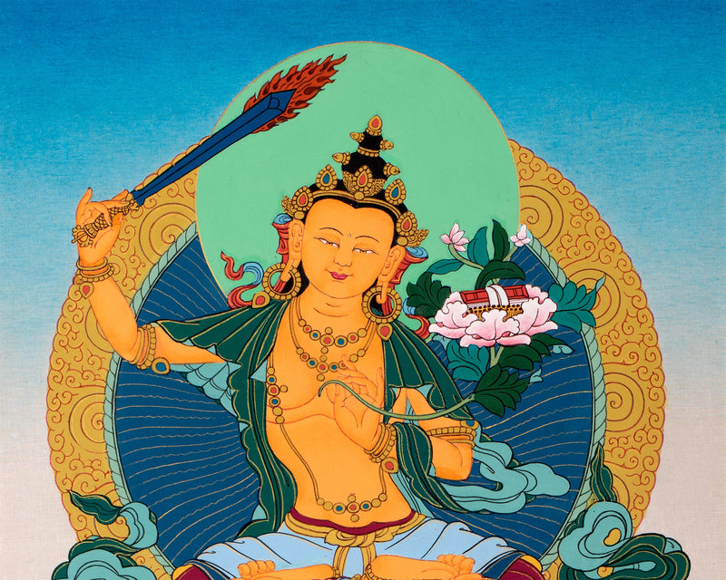 Manjushree Art Brocade | Wisdom Bodhisattva Thangka |  Himalayan Buddhist Wall Painting