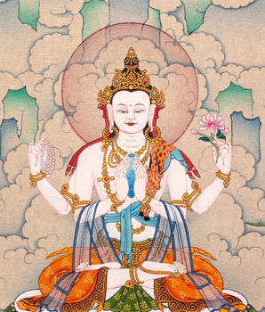 Chenrezig Thangka, 4 Armed Bodhisattva Avalokiteshvara ,Hand-painted Tibetan Painting