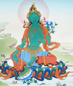 Green Tara Thangka Print | Buddhist Painting Canvas Print