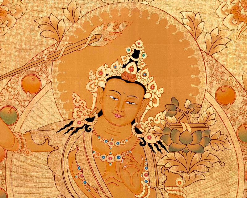 24K Gold Manjushree Thangka | Tibetan Buddhist Bodhisattva Art