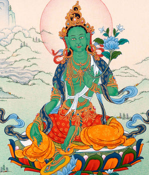 Green Tara Female Buddha Thangka | Traditionally Hand Painted Tibetan Art