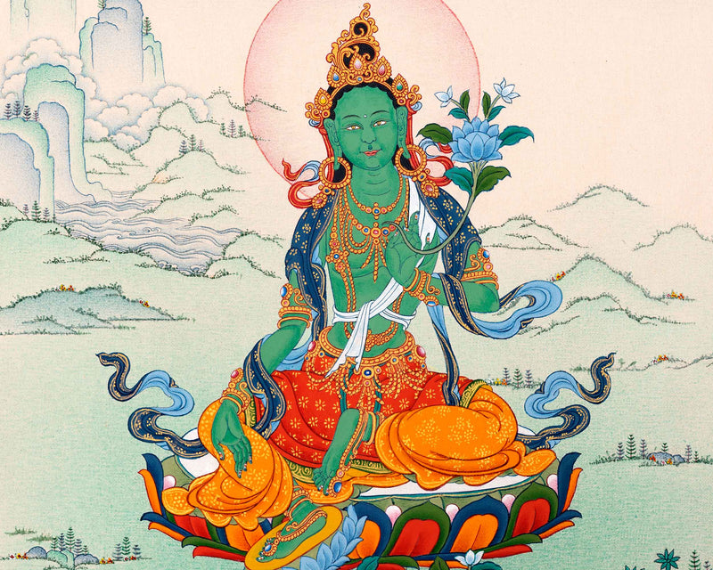 Green Tara Female Buddha Thangka | Traditionally Hand Painted Tibetan Art